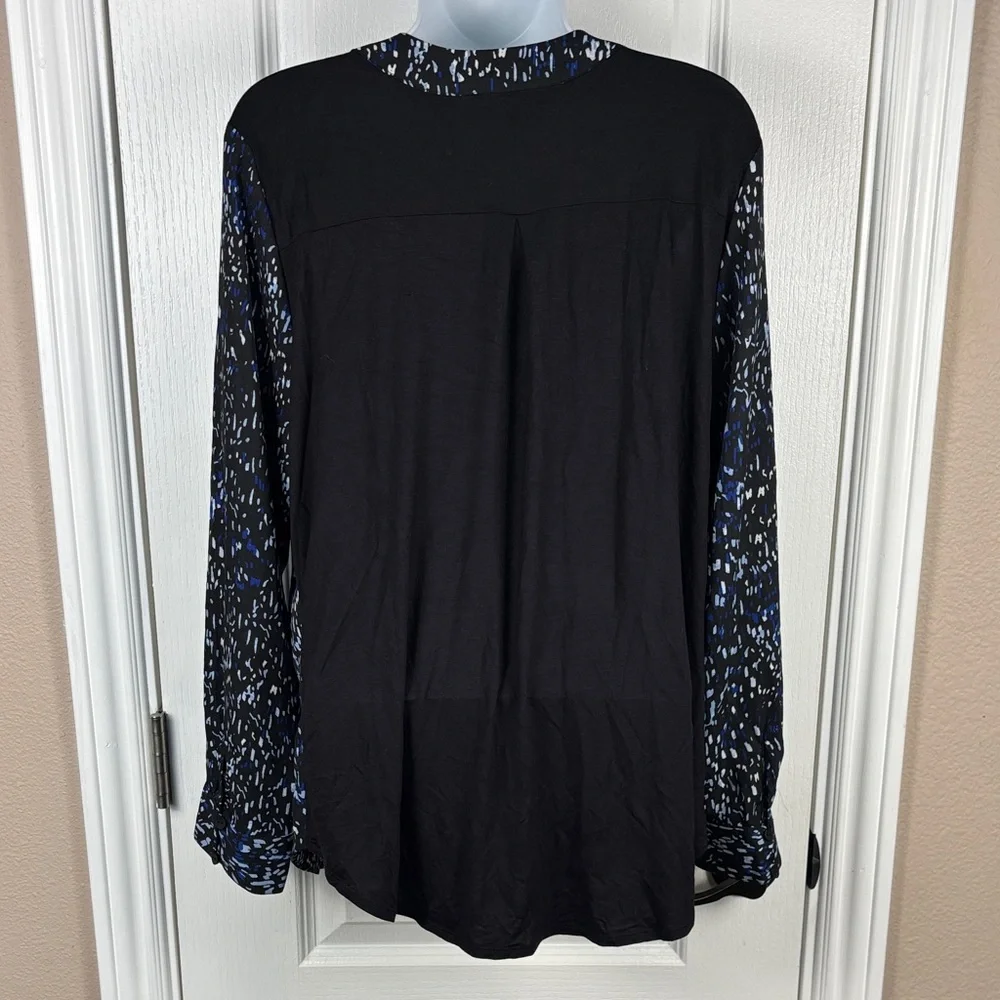 Fortune‎ + Ivy Women's Long Sleeve V-Neck Black/Blue Speckled Blouse Size M NWOT